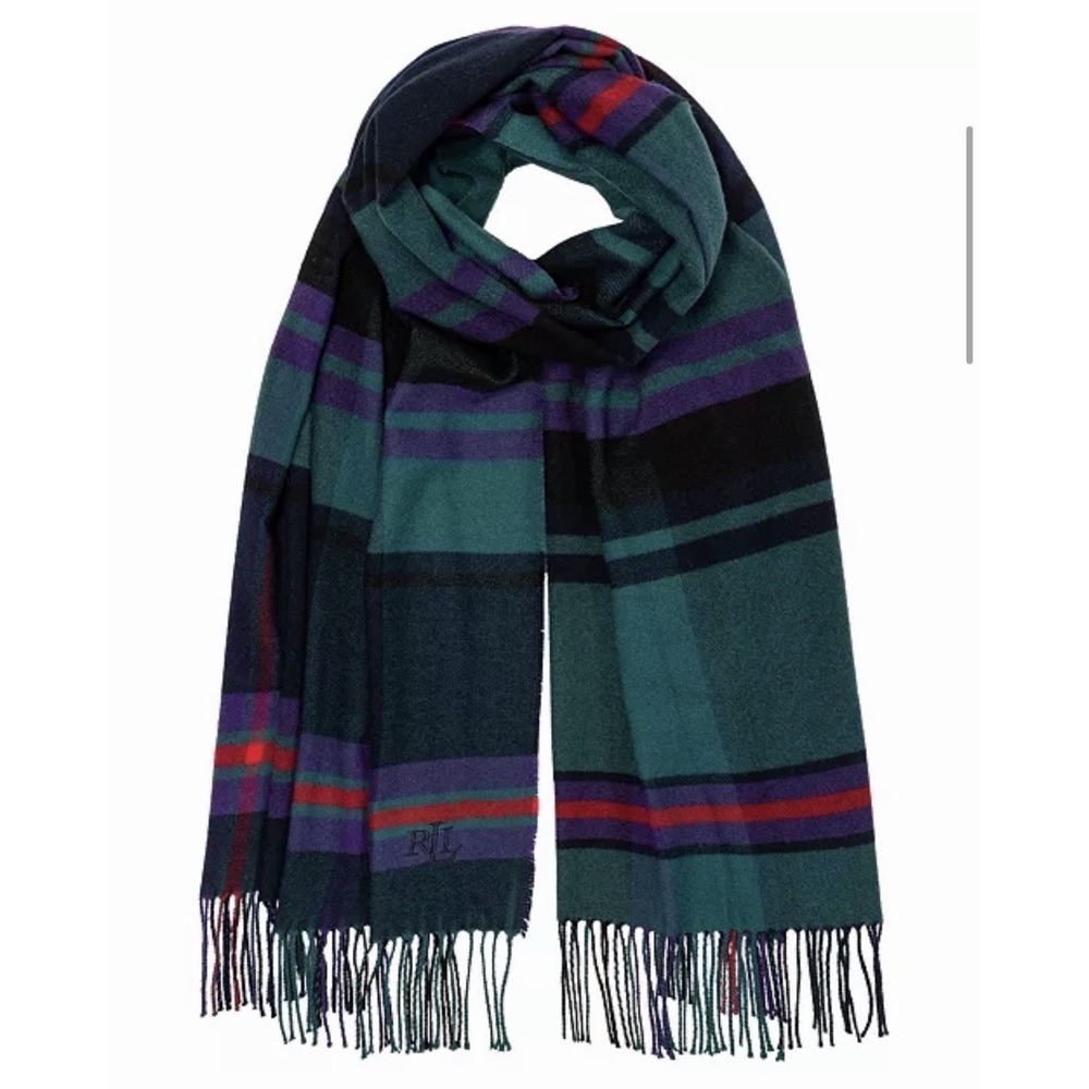 NEW Lauren Ralph Lauren Exploded Plaid Scarf Morino Wool Blend Fringe Multicolor
